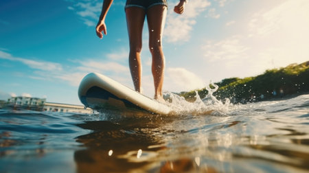 Close up athletic legs of young woman who active rides wave on surf style wakeboard, Many water droplets around.の素材