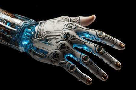 Hand of a robot, Detailed image of a robotic anatomy close up on black background.の素材