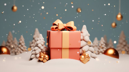 Gifts box in snow drift, Xmas background, Merry Christmas. Happy new year.の素材