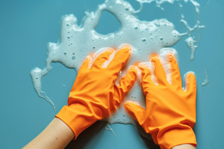 Hand in orange protective rubber glove washing glass surface with rag and cleaning foam, Cleaning concept, Householding background.の素材