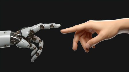 Robot connect to human, Human and robot hands reaching out and touching with index fingers.の素材