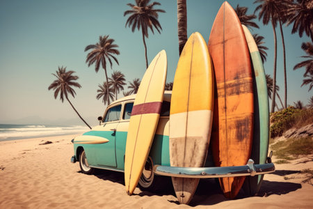 Surfboards on tropical beach, Travel vacation concept, Ready for summer vacation.の素材