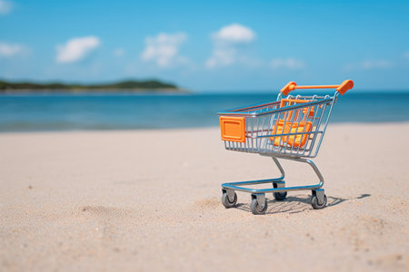 Shopping basket cart on sand beach with blue sky background, Summer sale and business service concept.の素材