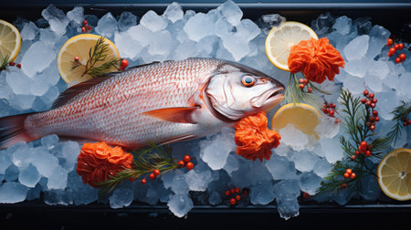 Fish served on ice, Seafood on ice at the fish market.の素材
