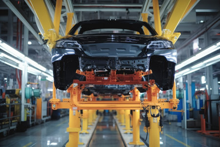 Interior Of Factory With Assembly Line For Modern Cars, The Making of a Car in a Production Factory.の素材