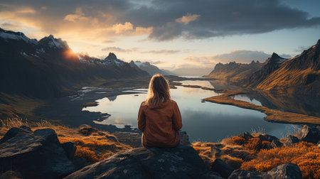 Women sitting on a cliff overlooking the lake, concepts of winner, freedom, happiness.の素材