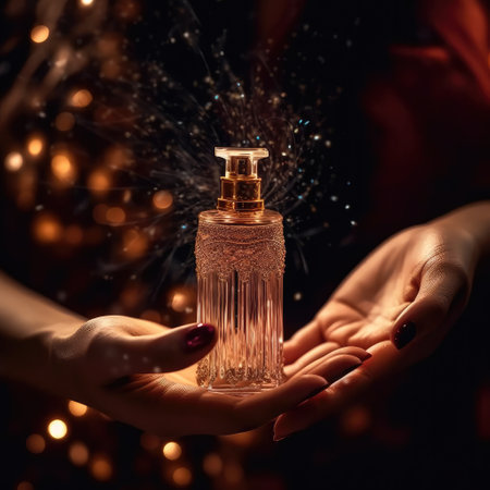 Woman holding bottle of perfume on dark background.の素材