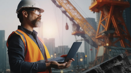 Civil engineer holding laptop inspect and oversee infrastructure progress and security of building construction project.の素材