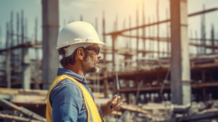 Man architect with blueprint are working on a building construction site.の素材