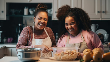 Happy African mother and daughter preparing a homemade dessert in kitchen, Enjoying leisure time.の素材