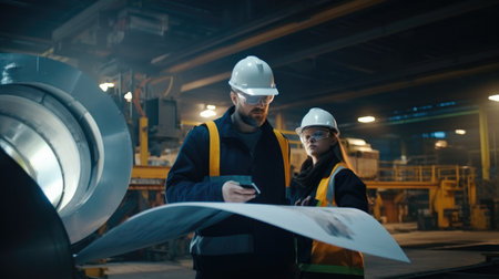 Male and female industrial engineers in hard hats discussing talking about new project at workplace, They Work in a Heavy Industry Manufacturing Factory.の素材