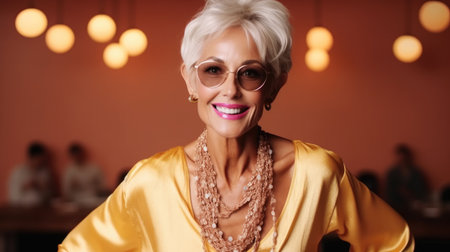 Beautiful middle age woman on isolated over orange color background.の素材