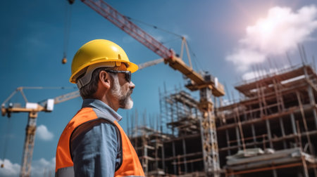 Man architect with blueprint are working on a building construction site.の素材