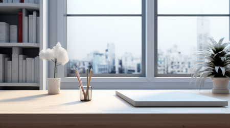 modern bright office workspace with accessories on a white tabletop, Modern minimal white office room.の素材
