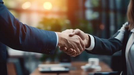Closeup of handshake of business partners after meeting for project or contract agreement.の素材