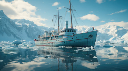 Icebreaker at anchor in the arctic waters with crisp blue sky and snowy mountain background.の素材