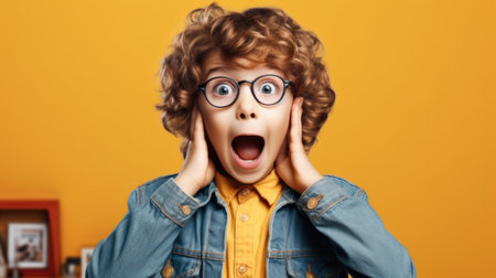 Shocked caucasian little boy  keeping hands near cheek and looking away with open mouth against yellow background.の素材