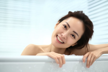 Portrait of beautiful Asian woman clean fresh healthy white skin enjoy relaxing taking shower and bath with in bathtub at the bathroom.の素材