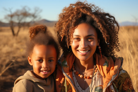 Portrait of happy African mother and daughters having fun at outdoorの素材