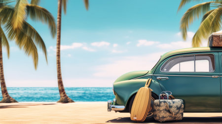 Green car with luggage ready for summer holidays, summer vacation, holiday.の素材