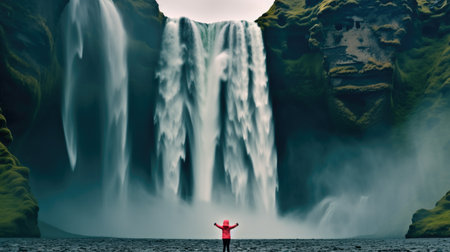 Solitary person standing near skogafoss waterfall in Iceland.の素材