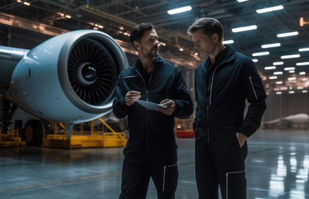Aircraft Maintenance Engineer, Aircraft Maintenance Mechanic Inspecting and Working on Airplane Jet Engine in Hangar.の素材