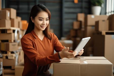 Entrepreneur owner woman using laptop taking receive and checking online purchase shopping order to preparing pack product box, Startup small business SME.の素材