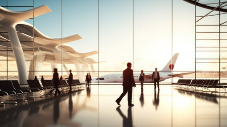 Airport with people at window with suitcase waiting for plane.の素材