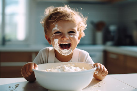 Laughing boy sits in chair eating porridge at kitchen, First baby meal concept.の素材