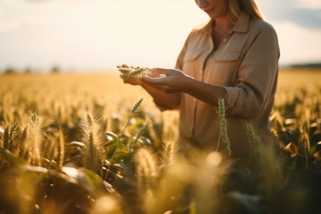 Farmer with tablet in a wheat field, Idea of a rich harvest.の素材