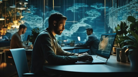 Young entrepreneur man working on his laptop at a table in a modern office spaceの素材