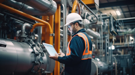Professional worker of modern factory using laptop for checking machine in manufacturing industry.の素材