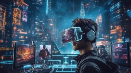 Hacker wearing VR glasses virtual in a futuristic setting, surrounded by holographic interfaces, intricate code, and virtual reality elements.の素材
