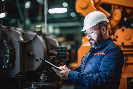 Factory engineer inspecting on machine, Monitoring smart factory with real time tablet software.の素材