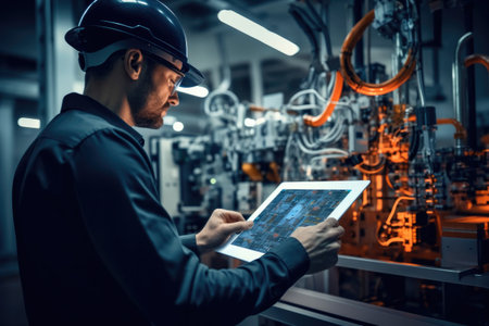 Robotic Process Automation engineer using laptop for smart factory automation software, Technology, Software and safety control.の素材