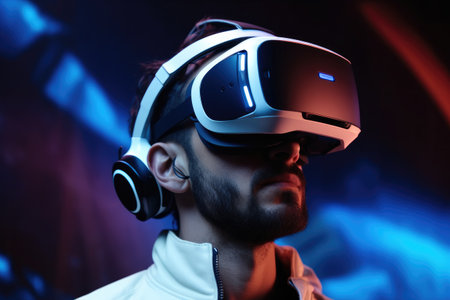 Model young man with beard with virtual reality goggles over blue background, VR, future, gadgets, technology concept.の素材