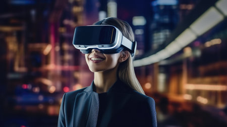 Smiling businesswoman using virtual reality glasses, Technology concept.の素材