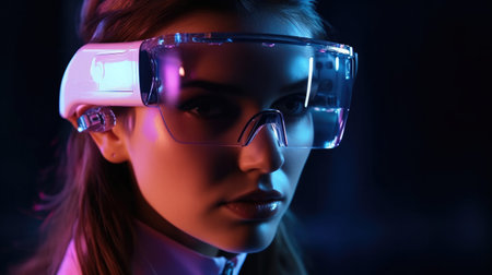 Woman with glasses of virtual reality, Concept of future technology or entertainment system.の素材