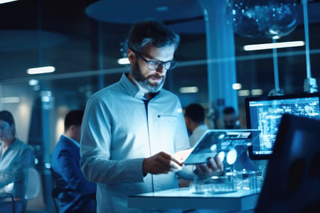Chief Engineer Stands in Middle of the Lab and Uses Tablet Computer in Technology Research Facility, Developers Work on Engine Design Use Digital Whiteboard and Computer.の素材