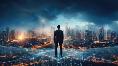 Back side view businessman on future network city, Success and research concept.の素材