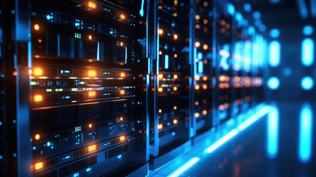 Row of network servers with glowing LED lights, A scene of a data center or server room.の素材