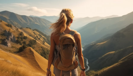 Hiker walking to mountains, Woman is traveling in Mountains with Backpack.の素材