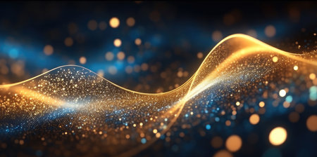 Digital particles gold color wave flow abstract background, Gold and blue.の素材