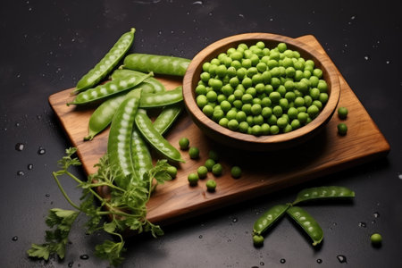 Fresh green peas in ceramic bowl on black stone background.の素材