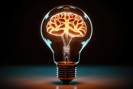 Glowing brain inside a light bulb, Business bright idea, Represents the power of inspiration and the potential for innovative thinking.の素材