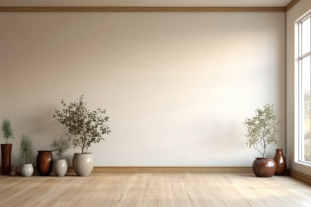 Minimalist living room interior with a large wall, Vase of plant.の素材