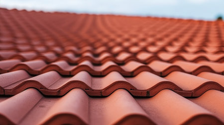 Roofing tiles clay red tiles in lines with ventilation slots, Roofing tiles diminishing.の素材