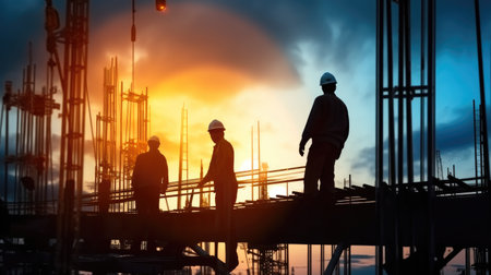 Silhouette construction worker are working at high place, Construction site at sunset in evening time.の素材