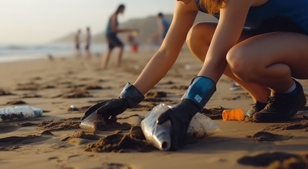 Volunteering People Picking up Plastic Bottles on the Beach, Ecology concept and World Environment Day.の素材