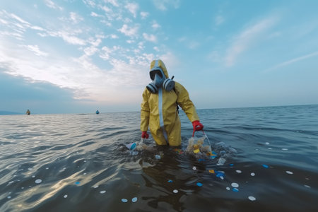 Volunteer biologist cleans up the ocean sea from plastic, Wearing a suit and gas mask due to polluted waters, Environmental pollution, Ecology concept.の素材